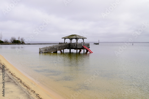 wooden hut on stilts lac de sanguinet maguide in landes france photo