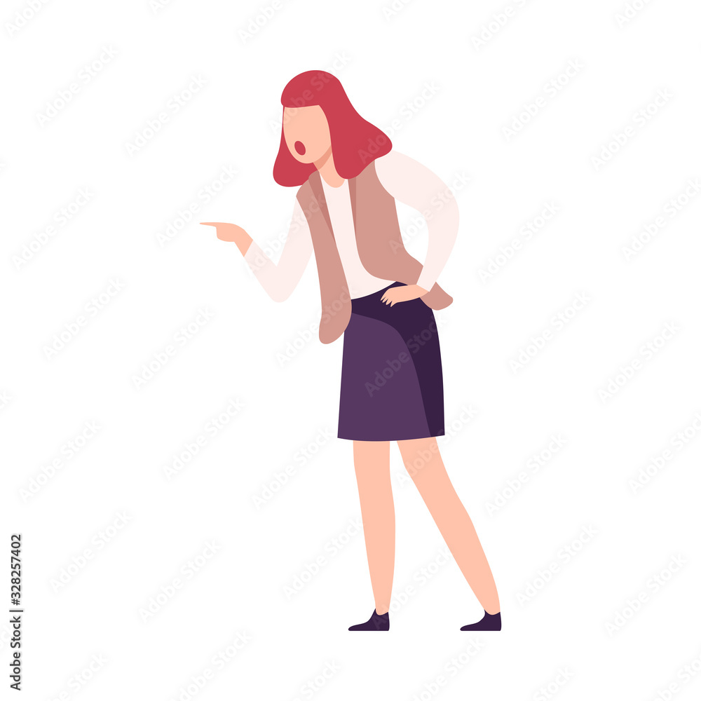 Angry Woman Character Yelling Pointing with Her Finger Flat Vector Illustration Angry Woman Character Yelling Pointing with Her Finger Flat Vector Illustration