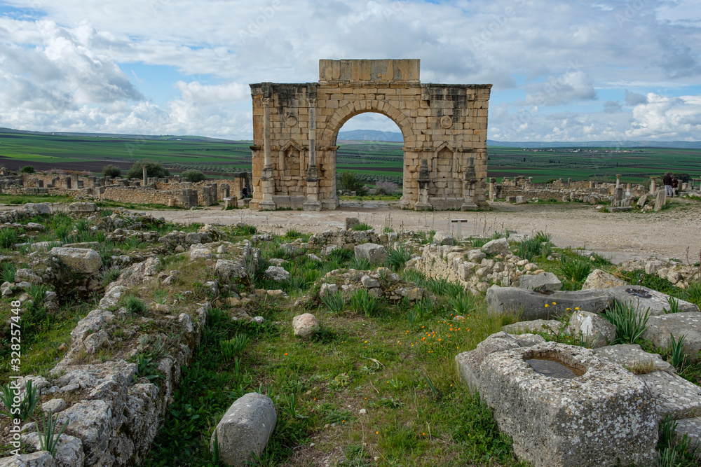 Roman triumphal arch in the archaeological site of Volubilis near Meknes / Morocco