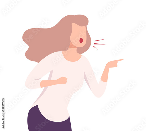 Furious Woman Character Yelling Pointing with Her Finger Flat Vector Illustration