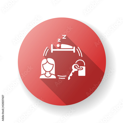 Renting hotel room red flat design long shadow glyph icon. Booking sleeping accommodation. Housing facility. Travelling facilities. Rental service. Female client. Silhouette RGB color illustration