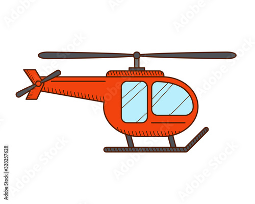 Red helicopter isolated on white background. Air transport for trip around the world, travels. Cartoon style