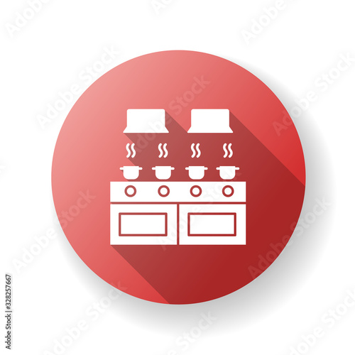 Communal kitchen red flat design long shadow glyph icon. Common dormitory room. Casseroles on stove top. Living accommodations. Shared dorm space. Restaurant, cafe. Silhouette RGB color illustration