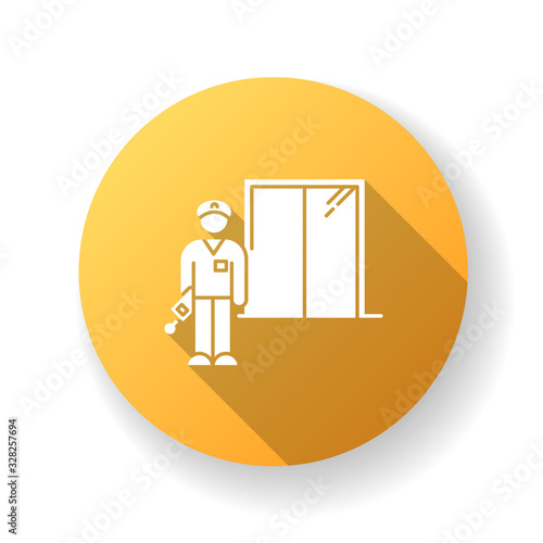 Night dorm watchman yellow flat design long shadow glyph icon. College dormitory janitor. Security guard. Hotel security. Elevator operator. University warden. Silhouette RGB color illustration