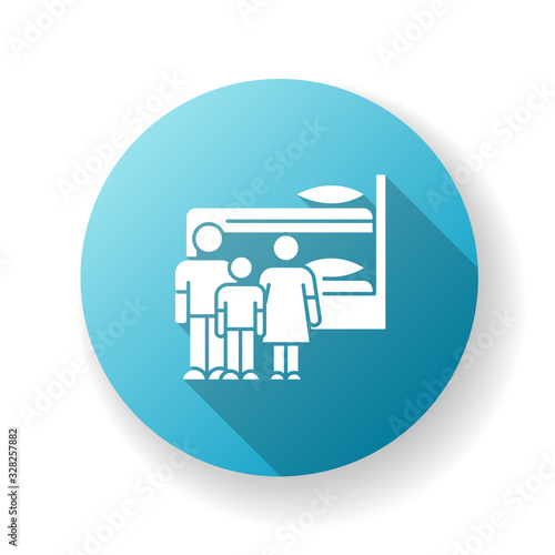 Family dormitory blue flat design long shadow glyph icon. Shared room. Common bedroom. Accommodation facility. Bunk bed. Hostel. Residential area. Living conditions. Silhouette RGB color illustration