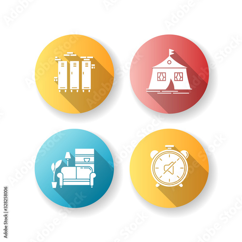 Dormitory conditions flat design long shadow glyph icons set. Lockers. Gym, swimming pool storage closets. Marquee tent. Dorm quiet hours. Living room. Shared space. Silhouette RGB color illustration