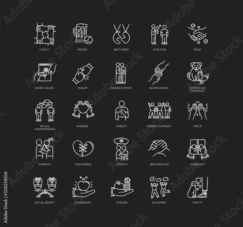 Friendly relationship chalk white icons set on black background. Friendship, interpersonal communication, emotional bond. Best friends, buddies isolated vector chalkboard illustrations