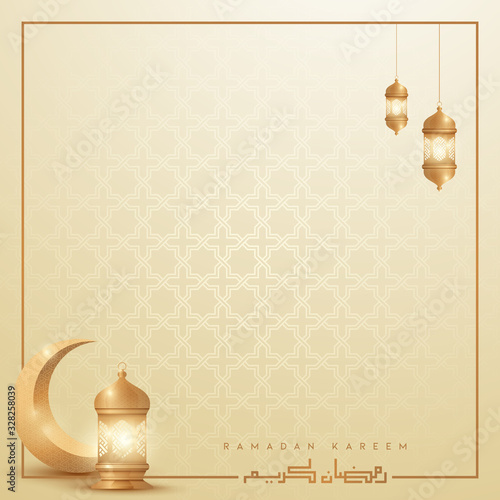 Ramadan kareem islamic greeting background design with crescent moon , lantern - vector