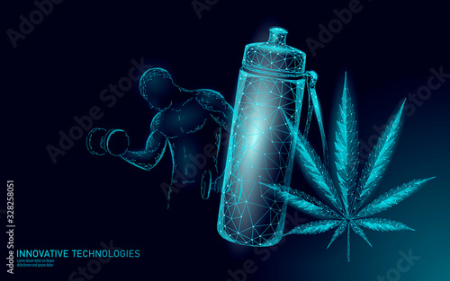 Hemp protein 3D sport drink concept. Bodybuilding nutrition supplement diet plant based powder. Vegan product weed superfood nutrient low poly vector illustration