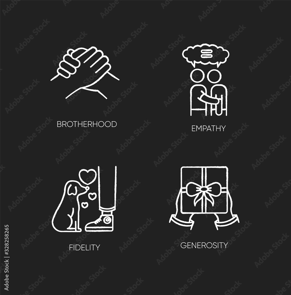 Friendly bonds chalk white icons set on black background. Strong emotional attachment, friendship. Brotherhood, empathy, fidelity and generosity. Isolated vector chalkboard illustrations Friendly bonds chalk white icons set on black background. Strong emotional attachment, friendship. Brotherhood, empathy, fidelity and generosity. Isolated vector chalkboard illustrations