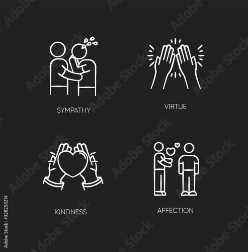Social connection chalk white icons set on black background. Interpersonal relationship, friendship. Sympathy, virtue, kindness and affection. Isolated vector chalkboard illustrations