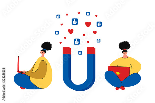 Social media concept vector illustration with a magnet for attracting followers. The impact of a marketing or viral advertising campaign.Girls with laptops correspond in social media with clients