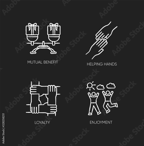 Friends togetherness chalk white icons set on black background. Friendship, unity and communication. Mutual benefit, helping hands, loyalty and enjoyment. Isolated vector chalkboard illustrations
