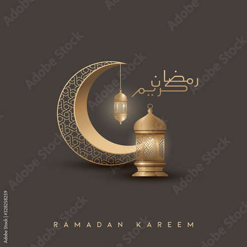 Ramadan kareem islamic greeting background design with gold crescent moon and lantern - vector