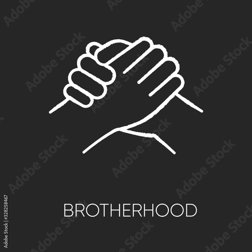 Brotherhood chalk white icon on black background. Strong friendship, interpersonal bond, Togetherness, unity and fellowship. Manly handshake isolated vector chalkboard illustration