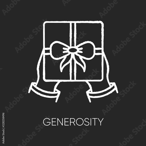 Generosity chalk white icon on black background. Virtue, selfless giving. Birthday, holiday event, special occasion celebration. Festive present isolated vector chalkboard illustration
