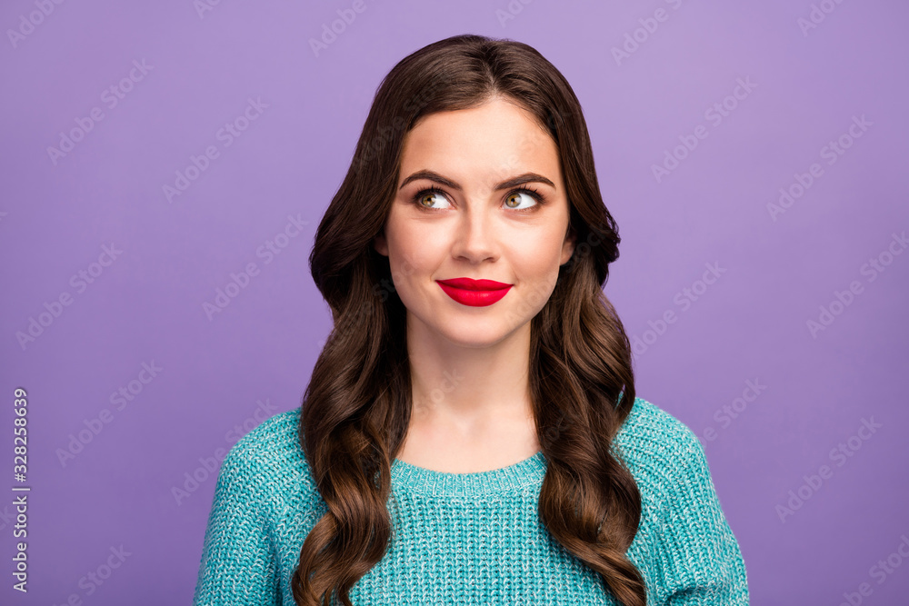 Closeup photo of pretty curly lady red lips good mood look dreamy up empty space remember romantic date boyfriend wear blue warm sweater isolated purple color background Closeup photo of pretty curly lady red lips good mood look dreamy up empty space remember romantic date boyfriend wear blue warm sweater isolated purple color background