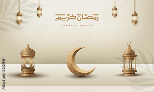 Ramadan kareem islamic greeting background design with gold crescent moon and lantern - vector