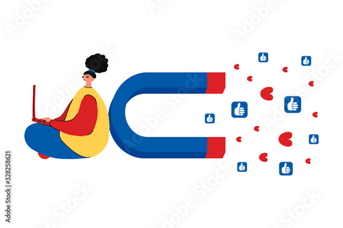 Social media concept vector illustration with a magnet for attracting followers. The impact of a marketing or viral advertising campaign.Girl with laptop correspond in social media with clients