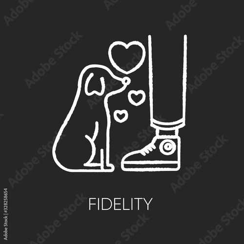 Fidelity chalk white icon on black background. Best friend, friendship with pet. Domestic animal love and loyalty, emotional attachment. Little puppy isolated vector chalkboard illustration