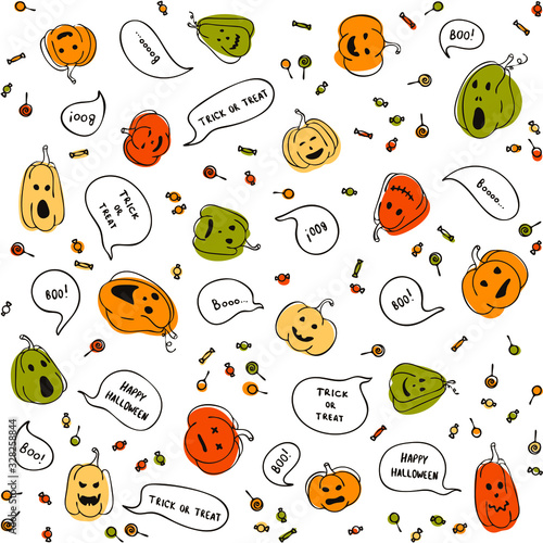 Seamless Halloween Doodle pattern with colorful pumpkins, lollipops, inscriptions on transparent background. Halloween background. Print for wrapping paper, textiles, Wallpaper