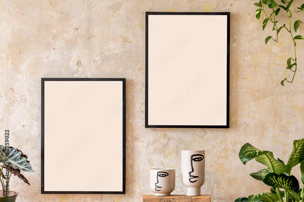 Interior design of living room with two black mock up poster frames, shelf, vases, plants and elegant personal accessoreis. Grunge wall. Stylish home decor. Wabi sabi concept.Template.  - obrazy, fototapety, plakaty 