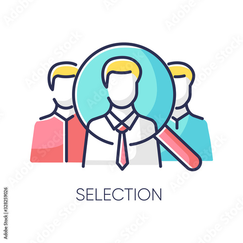 Selection RGB color icon. Executive search, professional head hunting, recruitment for vacancy, employment agency. Job candidates, recruits under magnifying glass isolated vector illustration