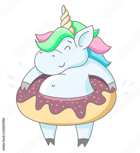 Cute fat cartoon unicorn in a donut swimming ring. Children's illustration isolated on a white background. Can be used as a picture on a t-shirt or postcard.