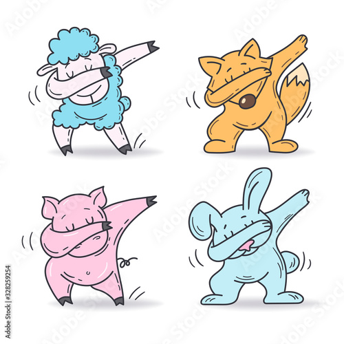 Set of cute cartoon characters in dub dance poses. Hand drawn sheep, fox, pig, rabbit doing dabbing. Vector Illustration for kids isolated on white background.