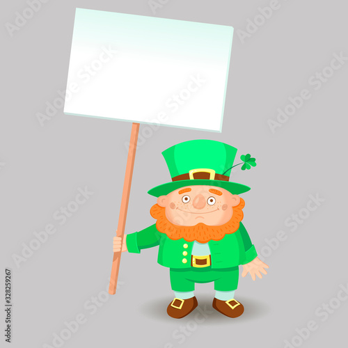 Cute cartoon leprechaun holds a blank board sign. Illustration for St. Patrick's Day isolated on a white background.