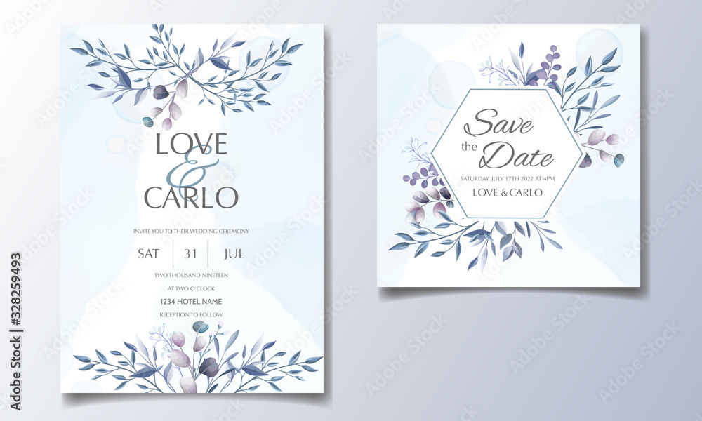 Set of wedding invitation cards with blue floral and leaves  template design