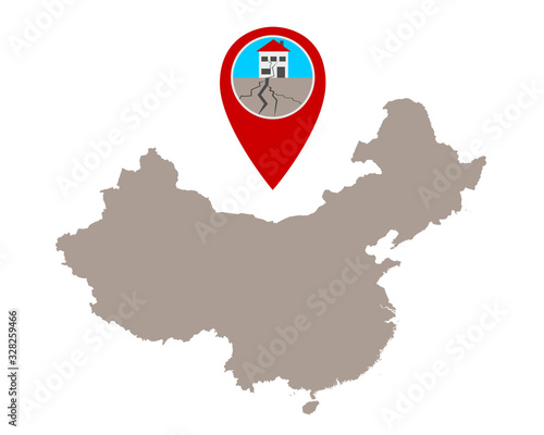 Karte von China und Pin mit Erdbebensymbol