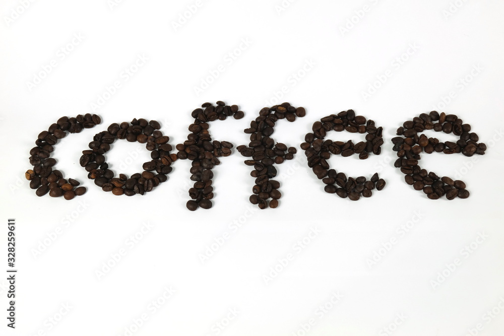 The coffee beans are arranged in alphabetical order and the coffee powder is on a white background. The coffee beans are arranged in alphabetical order and the coffee powder is on a white background.