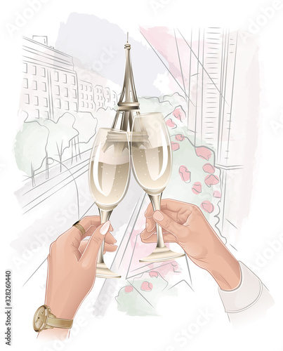 romantic couple holding glasses with champagne in paris