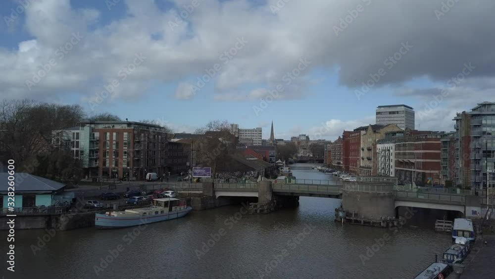 Aerial view of a downtown river marina o a sunny day Aerial view of a downtown river marina o a sunny day