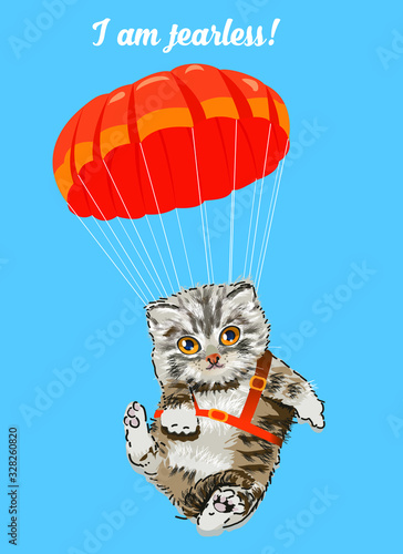 Vector illustration of a cute kitten on a parachute. Text - I'm fearless