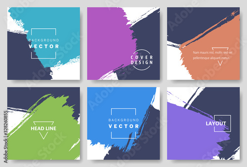 Set of Square Cover Templates with Brush Strokes. Vector Flat Design Backgrounds.