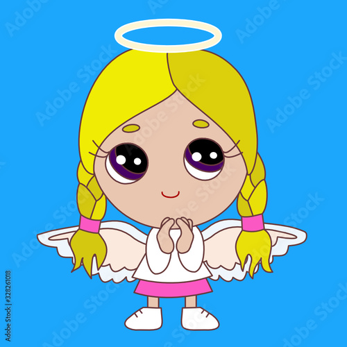 holy smiling chibi angel girl  with halo above its head & wings on its back & a smile, simple colored emoticon,  vector emoji in color