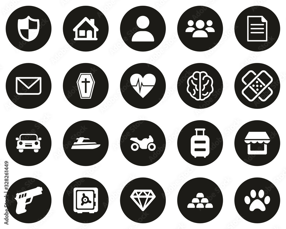 Insurance Policy Icons White On Black Flat Design Circle Set Big Insurance Policy Icons White On Black Flat Design Circle Set Big