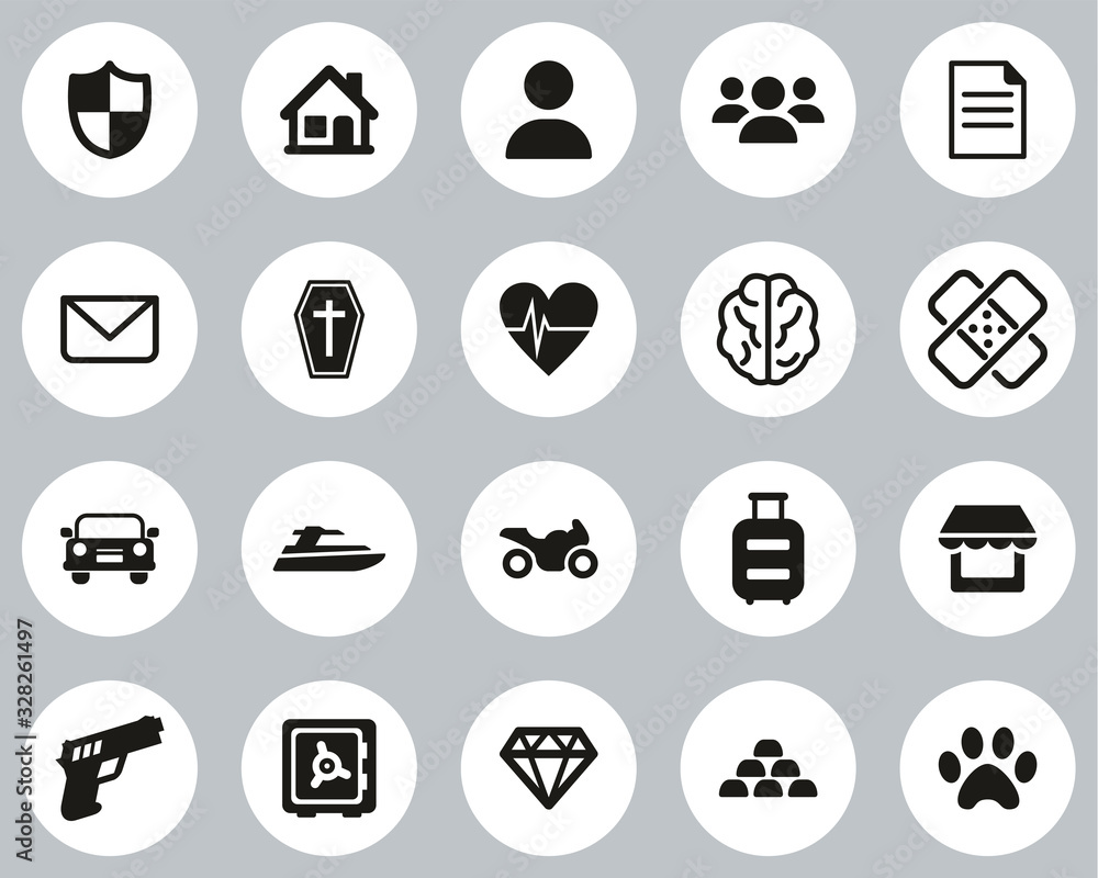 Insurance Policy Icons Black & White Flat Design Circle Set Big Insurance Policy Icons Black & White Flat Design Circle Set Big