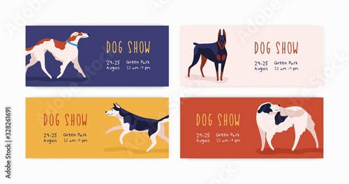 Set of different horizontal web banner of dog show vector flat illustration. Colorful template of event announcement with place for text. Various cartoon domestic animal breeds