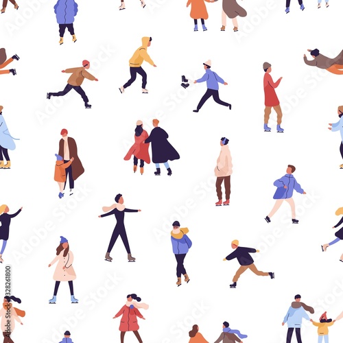Cartoon colorful crowd of active people skating on rink seamless pattern. Different man, woman, couples and families with child on ice skates isolated on white background. Winter outdoor activity