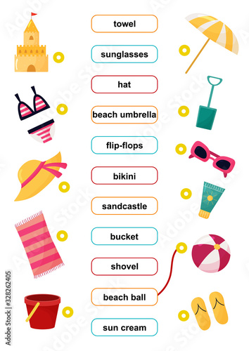 Educational game for children. Match words. Activity worksheet. Learn english vocabulary. Summer vacation. Objects for beach.