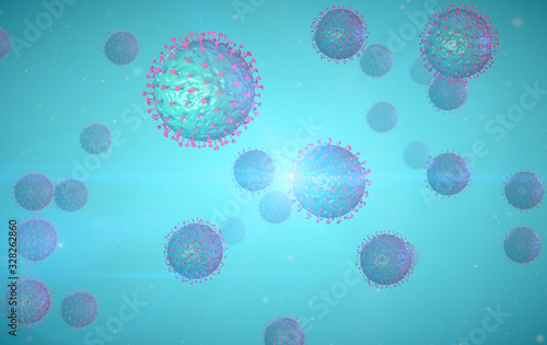 Covid 19 Corona Virus SARS Cell. Microscopic realistic 3D illustration close up shot of multiple virus cells with envelop and envelope proteins on a bright turquoise background