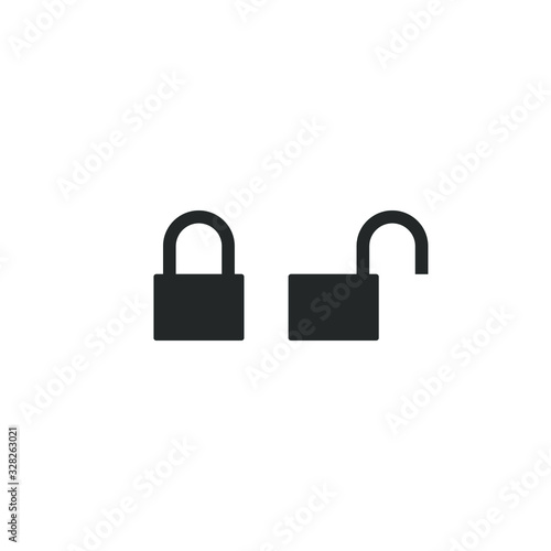 Lock and unlock icon symbol. Padlock open and closed sign. Security access logo. Vector illustration image. Black silhouette shape isolated on white background.