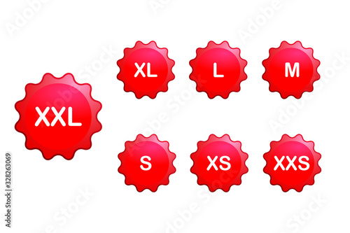 Size clothing red stickers or labels set isolated on white background, vector illustration