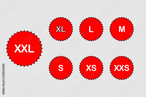 Size clothing red stickers or labels set isolated on white background, vector illustration