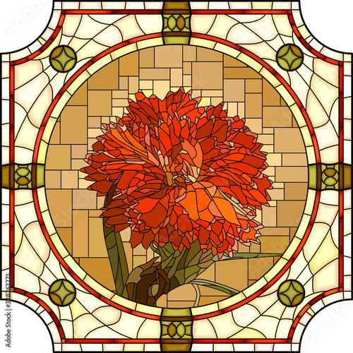 Vector mosaic with blooming red carnation flowers in a round stained glass frame.