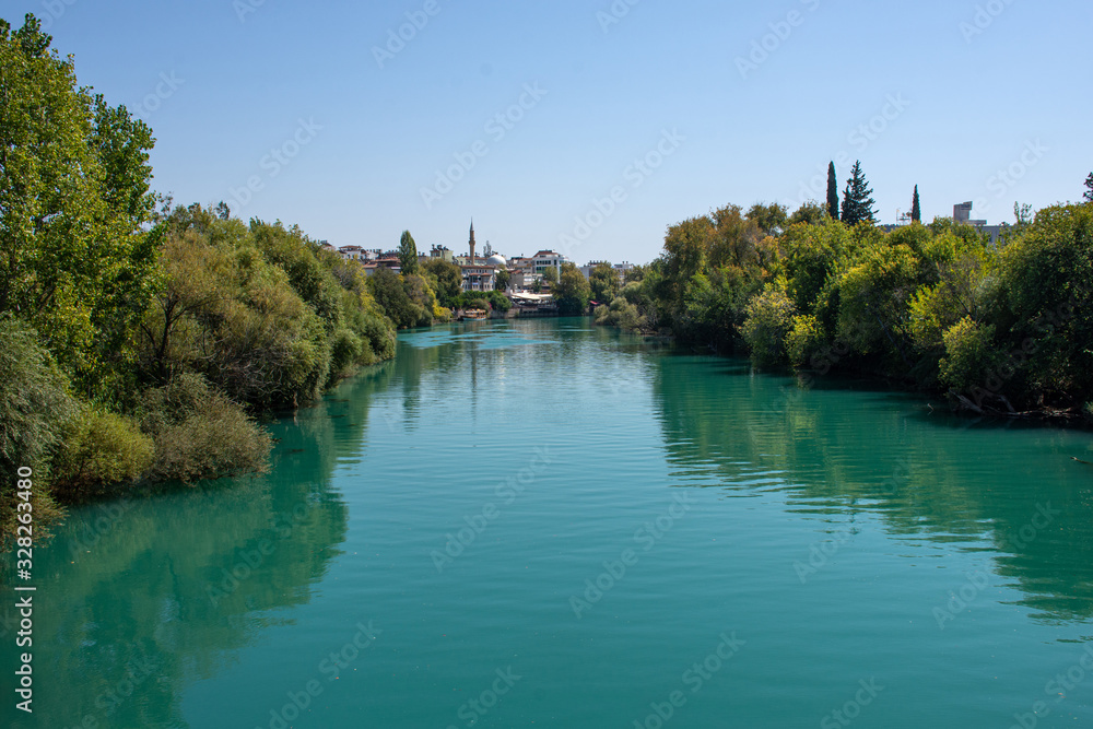 Manavgat river, city view on the backgropund