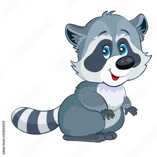 cute raccoon character in gray with black stripes, isolated object on a white background,